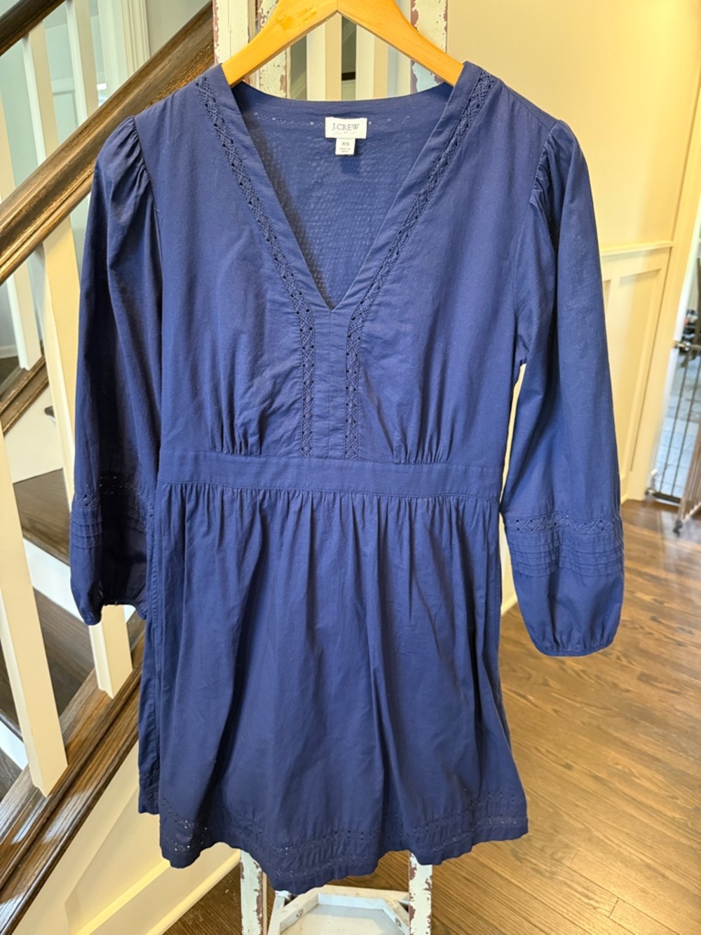 J. Crew Navy Cotton V-Neck Tunic Dress with Lace Trim